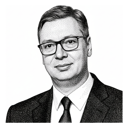 Portrait after a photograph by Voice of America, via Wikimedia Commons, public domain Woodcut portrait of Aleksandar Vučić, after a photograph by Voice of America, via Wikimedia Commons, public domain