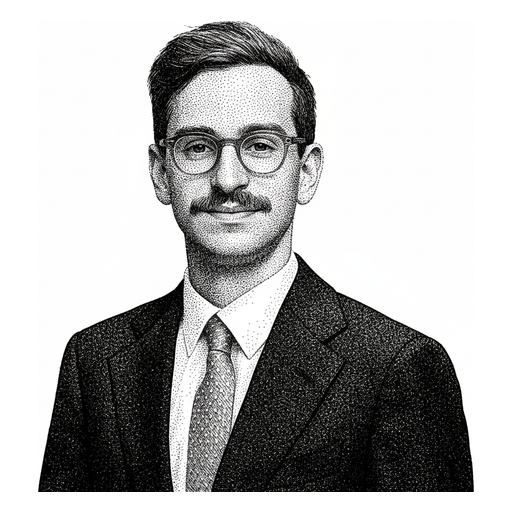 Woodcut portrait of Matthew Lesh, after a photograph by photo published by matthewlesh.com